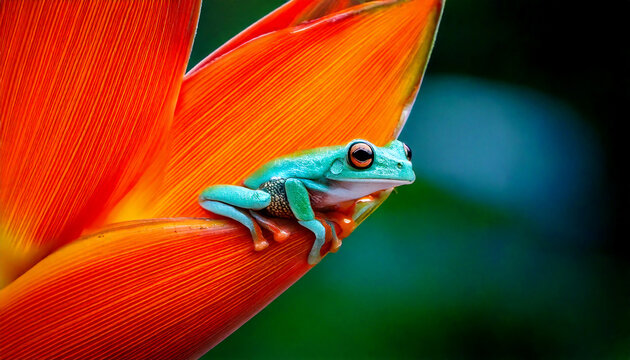 A macro photograph of a colorful tiny tree frog perched on a tropical leaf. Bold bright colors. Generative AI. 