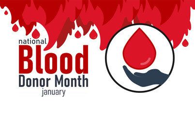 National Blood Donor Month Poster Banner and Background Design Template with Red Drop Icon Heart Symbol and Donation Bag Illustration for Life Saving Awareness Health Support and Volunteer Donation