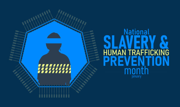 National Slavery and Human Trafficking Prevention Month Poster Banner and Background Design Template with Awareness Ribbon Silhouette and Support Message for Human Rights Protection Safety Advocacy