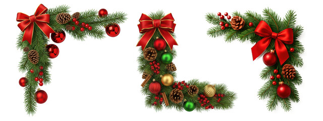 Obraz premium Three festive christmas corner garland borders for holiday design isolated on transparent background