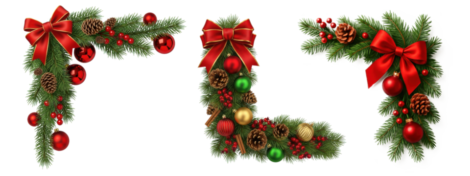 Three festive christmas corner garland borders for holiday design isolated on transparent background