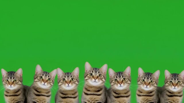 Seven tabby cat heads peeking from behind a white surface against a bright green background.