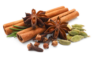 Mulled wine spices. Cinnamon sticks, anise stars, cardamon seeds, cloves and fresh rosemary...