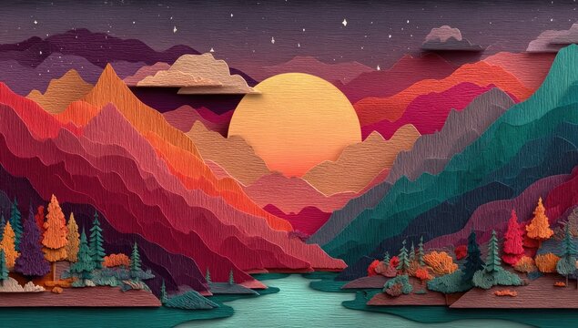 Paper mountain landscape, bright sun, twilight sky