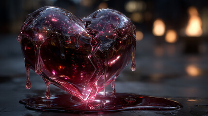 A pink liquid heart is melt on the ground , dark love mood.