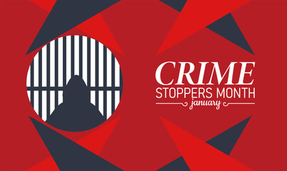 Crime Stoppers Month Poster Banner and Background Design Template Featuring Magnifying Glass, Police Badge, and Security Icon Illustration for Crime Prevention, Public Safety, and Community Awareness