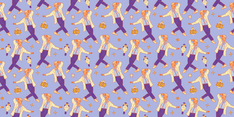 Blue Christmas party pattern. Man in a white suit dancing print. People celebrating the holiday. Horizontal seasonal wallpaper