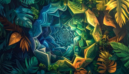 A stylized nature scene blending lush foliage with an abstract geometric core, evoking depth