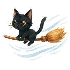 Obraz premium Black Cat Magic Vibes Cute Halloween Familiar Cute black cat riding a broomstick with whimsical background elements