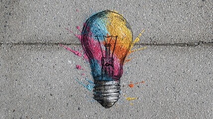 Vibrant colorful light bulb graffiti painted on concrete wall with splashes