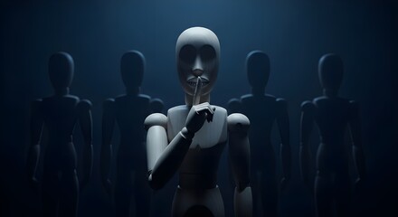 A white mannequin with a finger to its lips stands in front of a row of dark, silhouetted figures in a mysterious, dimly lit scene.