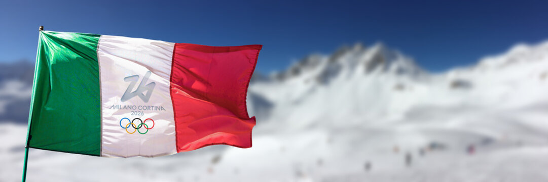 2026 winter olympics Milan Cortina logo, italian flag and snowy mountains in the Alps panoramic background, olympic games header