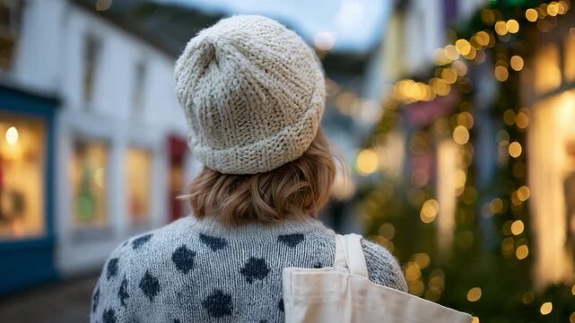 14Shopper in winter clothes with tote bag, walking past a row of shops with Christmas decorations, perspective from behind emphasizing cozy festive season vibe