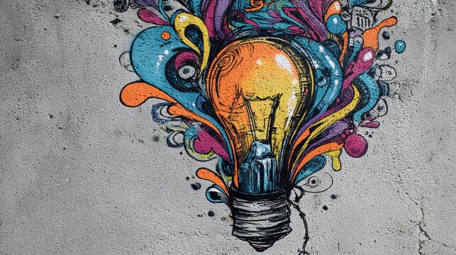 Creative Light Bulb with Colorful Abstract Paint Splash on Concrete Wall