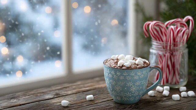 14Wooden table beside frosty window with rustic cocoa mug, marshmallows spilling over, candy canes in glass jar, soft snowfall visible beyond, festive home warmth captured beautifull