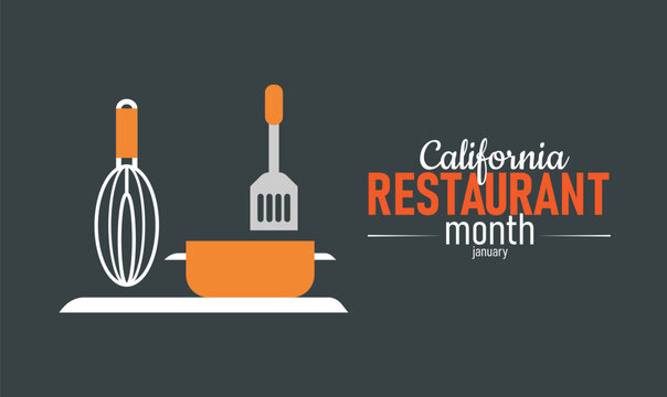 California Restaurant Month Poster Banner and Background Design Template Featuring Food Dishes, Cutlery, and California Map Illustration for Culinary Celebration, Dining Culture, and Food