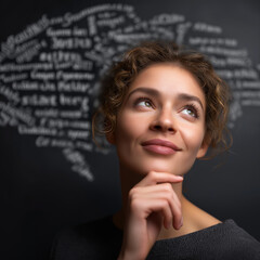 Nachdenkliche Frau vor schwarzer Tafel mit Wortwolke über Sprache und Bildung