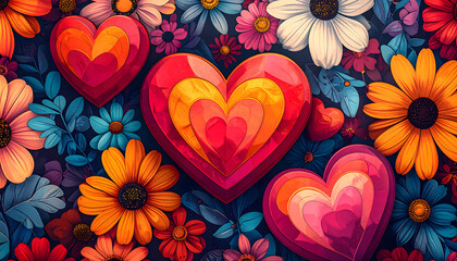 Groovy Retro Repeat, valentine: Funky valentine pattern with bold hearts and geometric flowers inspires groovy retro vibe making you feel loved