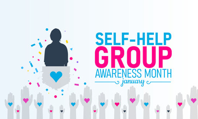 Self-Help Group Awareness Month Poster Banner and Background Design Template Featuring People Silhouettes, Support Icons, and Helping Hands Illustration for Community Support, Collaboration, Awareness