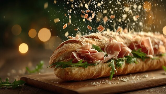 Filled baguette on wood board; cheese flakes falling