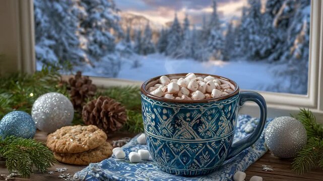 16Artistic cozy composition of steaming cocoa in rustic ceramic mug, surrounded by marshmallows, cookies, and Christmas ornaments, snowy landscape outside window enhancing the festiv