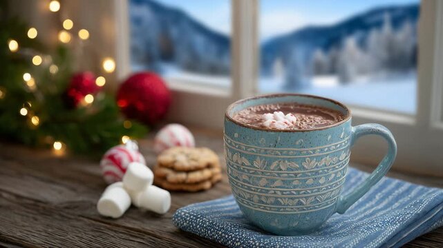 17Artistic cozy composition of steaming cocoa in rustic ceramic mug, surrounded by marshmallows, cookies, and Christmas ornaments, snowy landscape outside window enhancing the festiv