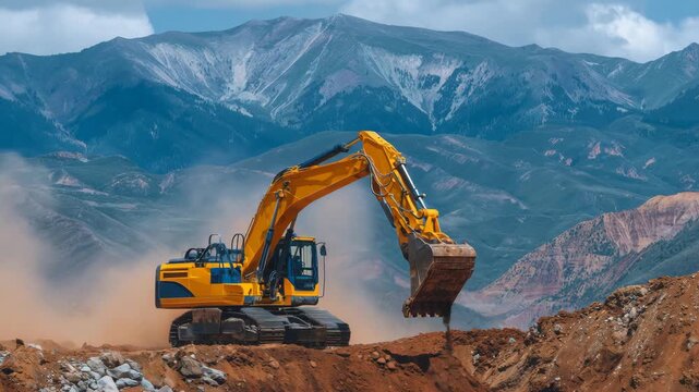 16Excavator scooping ore from rare earth mining pit surrounded by rugged hills and heavy dust clouds, industrial landscape