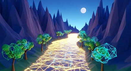 Low poly landscape with glowing trees and road under the moonlight