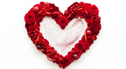 Beautiful heart shape arrangement crafted from red roses, berries, and ribbons on a white background, symbolizing love and romance.