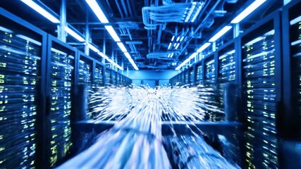 Data center perspective, blue light streaks through server racks, conveying data flow - Powered by Adobe