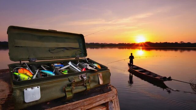 Box with hooks with a fisherman in the background.