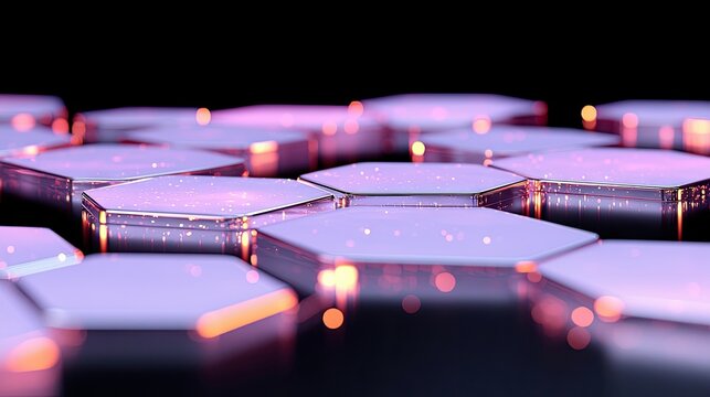 A close-up view of a repeating hexagonal pattern with soft purple and pink lighting, creating a futuristic and abstract background.