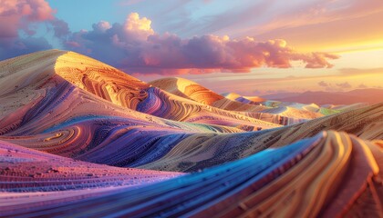Abstract Landscape Of Pixelated Mountains And Valleys At Sunset With Golden Hour Light And Colorful Clouds