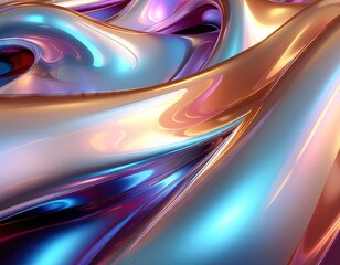 Abstract Fluid Surface With Iridescent Metallic Sheen Reflecting Warm Golden Blue and Pink Hues in Dramatic Lighting