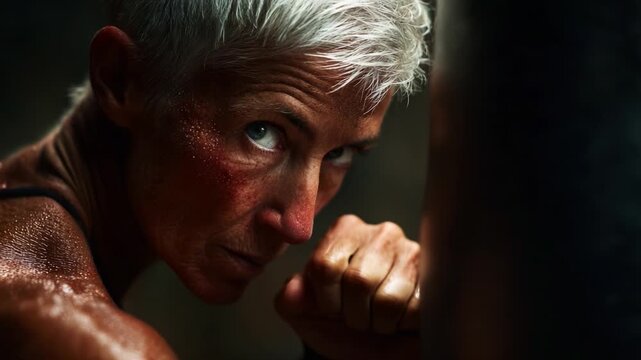 A determined female fighter showcasing strength and resilience through intense training, embodying power and focus in the moments captured from an engaging boxing session. - Powered by Adobe