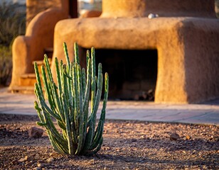 Desert Landscape With A Tall Green Cactus Plant In Front Of A Clay Structure With An Opening And Warm Sunlight