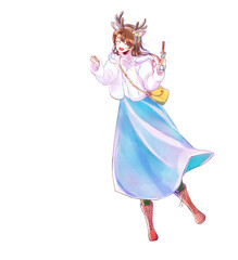 テーマパークで遊ぶ女性　食べ歩き　ロングヘア　冬