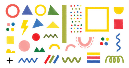 Playful abstract geometric shapes collage on white background for creative design