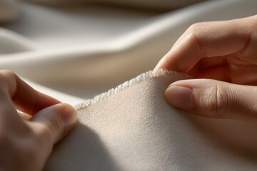 Textile Touch: A close-up view capturing the delicate interaction of a hand as it gently touches and assesses the quality of a soft fabric. 