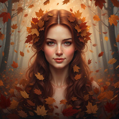 Young woman with red hair surrounded by autumn leaves in forest  