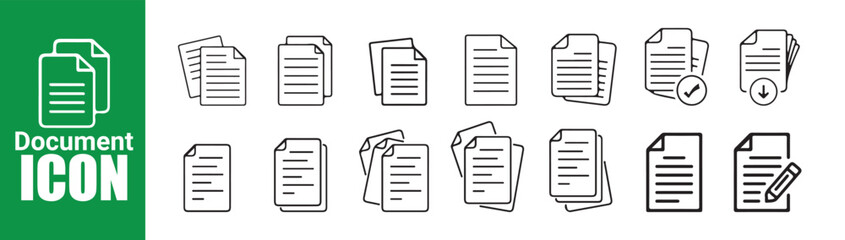Document icon set with single and multiple files, plus download and edit symbols in line art