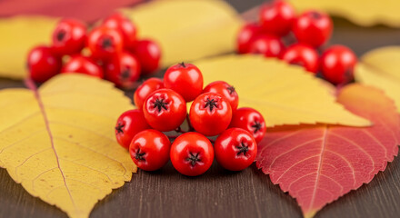 Close-up of shiny red rowan berry and yellow leaf, creating contrast. Symbolizes autumn harvest, health, and seasonal change, suitable for festive themes