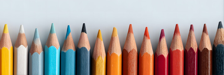 Colorful Pencils in a Row: A captivating view of sharpened pencils in array, each with a different hue, presents a vibrant illustration of creativity and artistry. 
