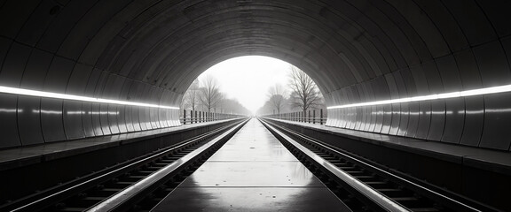 Train tracks leading into a futuristic tunnel with bright lights