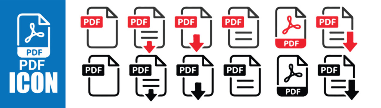 Document icon set black and red color style pdf file download collection vector illustration