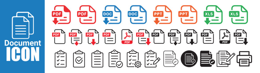 Document file type icons set with various extensions like PDF DOC PPT and XLS with download