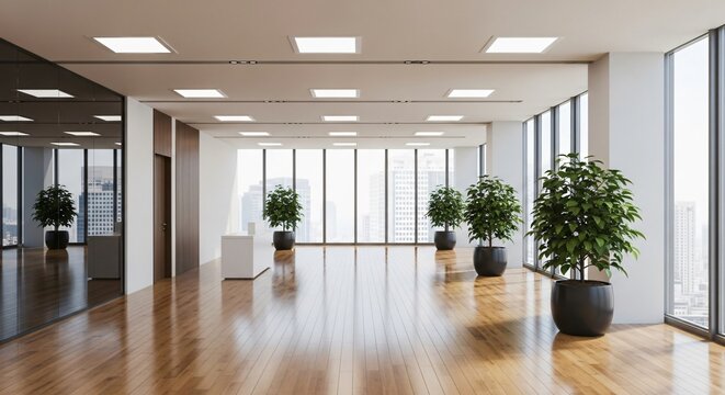 Bright and spacious empty office hall with polished wooden flooring, panoramic windows, and decorative plants