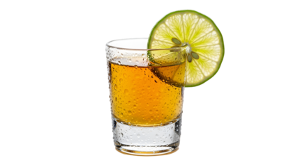 Shot Glass of Amber Liquid With Lime Slice alcohol