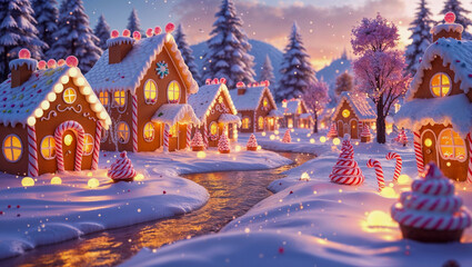 AI-generated image of a winter wonderland of Christmas spirits, where gingerbread houses and a river come to life