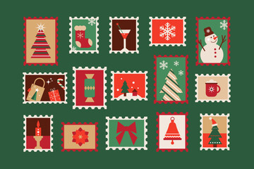 Big set of Christmas stamp stickers.Vector illustration